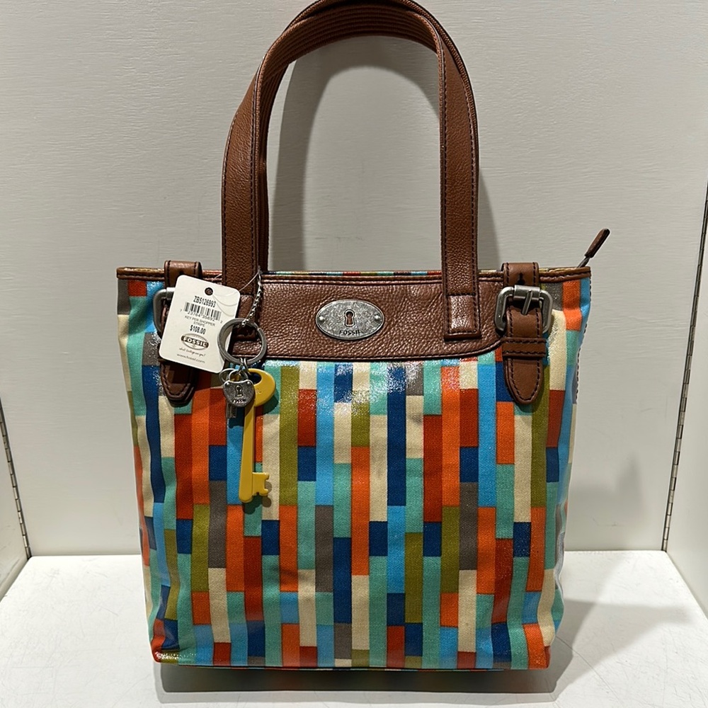 FOSSIL Key Per “Shopper Stripe”Colorful Tote Bag